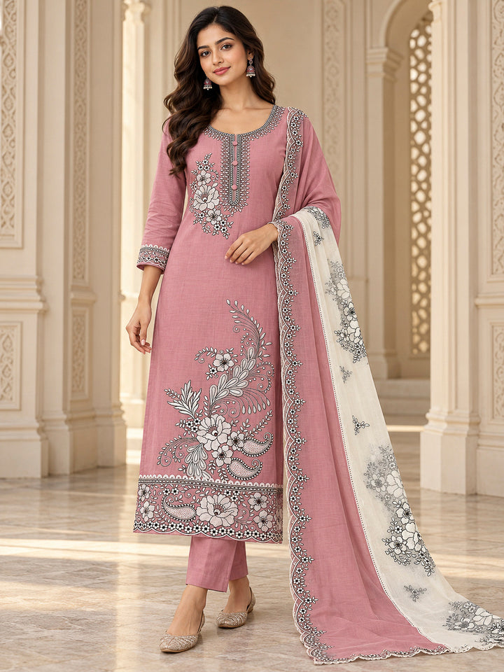 Peach Chanderi Embroidered Unstitched Dress Material