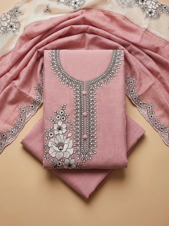 Peach Chanderi Embroidered Unstitched Dress Material