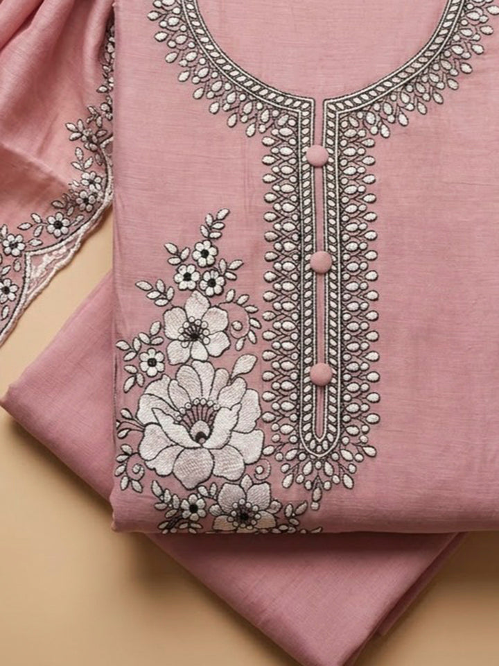 Peach Chanderi Embroidered Unstitched Dress Material