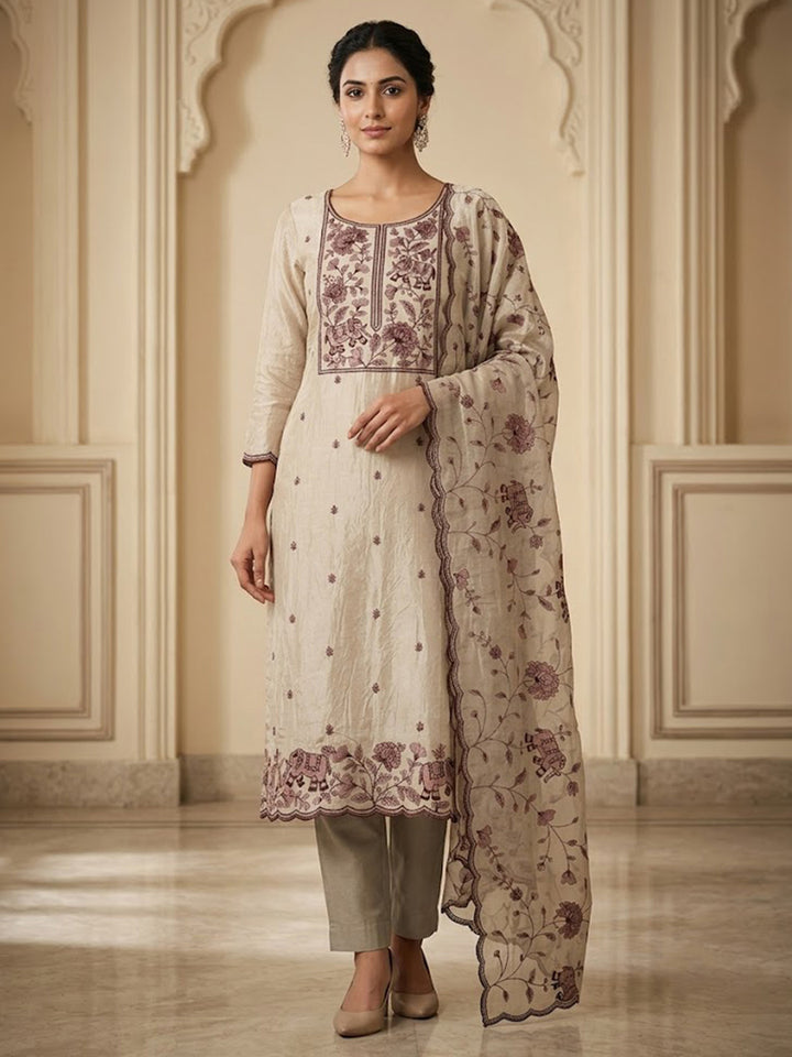 Brown Tissue Embroidered Unstitched Dress Material
