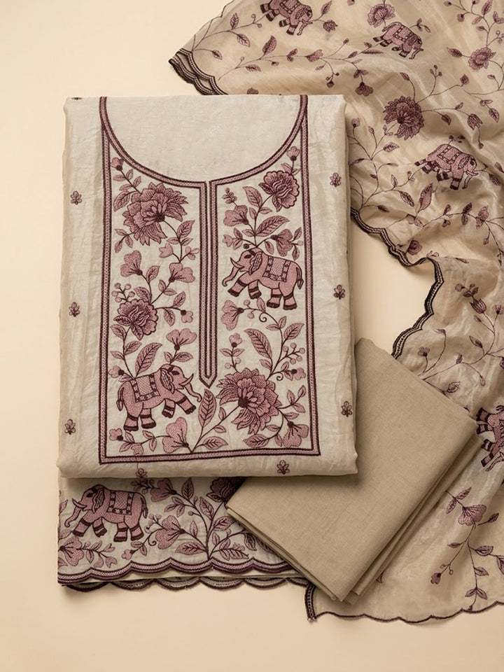 Brown Tissue Embroidered Unstitched Dress Material