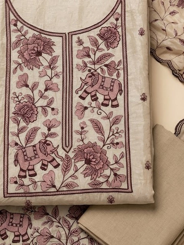 Brown Tissue Embroidered Unstitched Dress Material