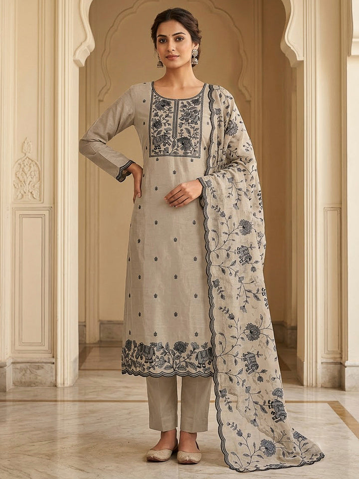 Grey Tissue Embroidered Unstitched Dress Material