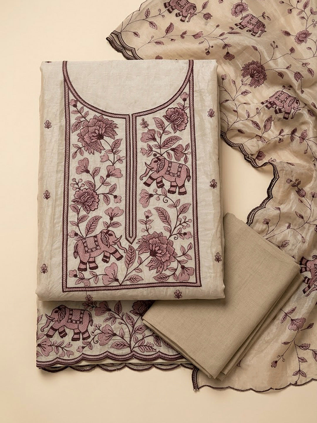 Maroon Tissue Embroidered Unstitched Dress Material