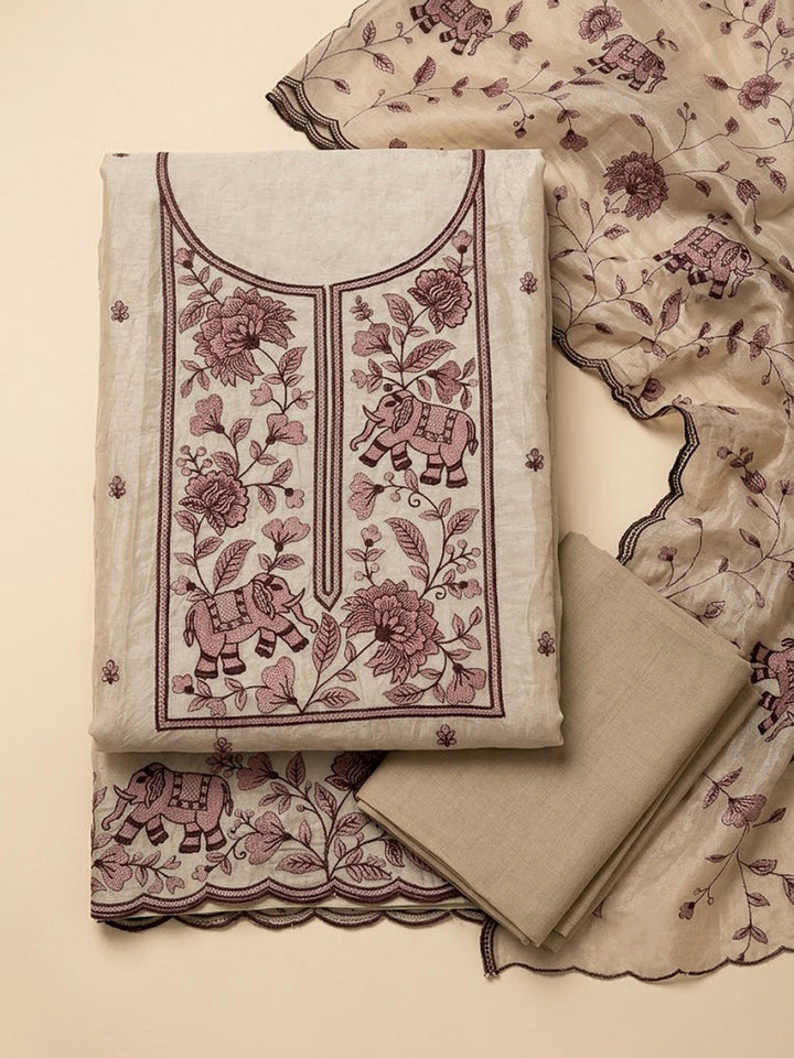 Maroon Tissue Embroidered Unstitched Dress Material