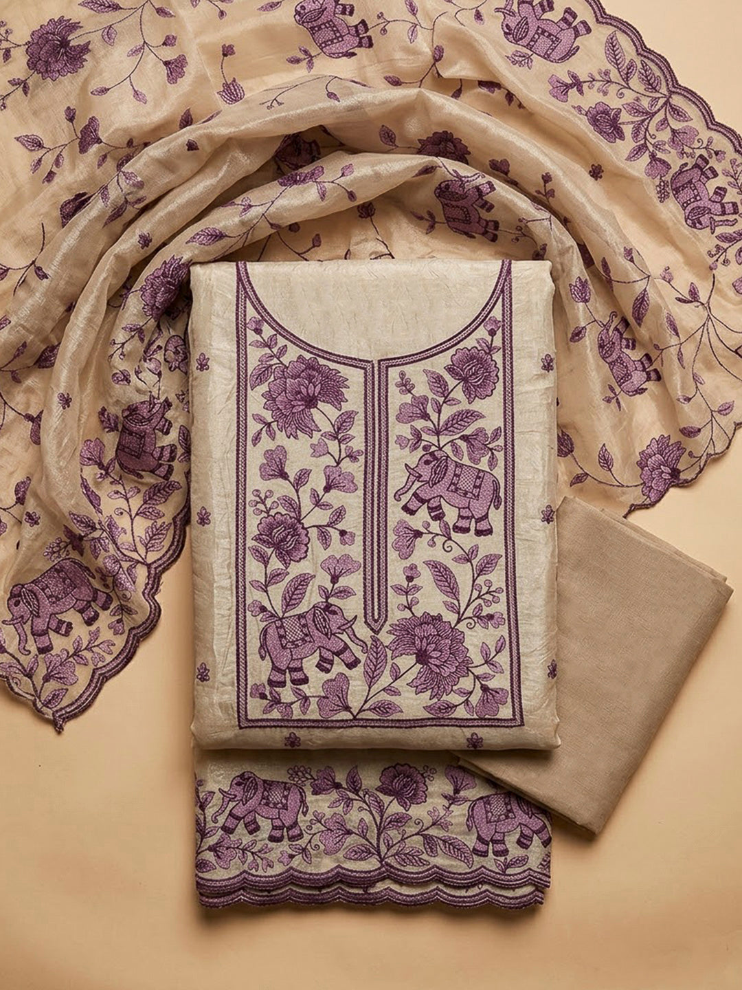 Purple Tissue Embroidered Unstitched Dress Material