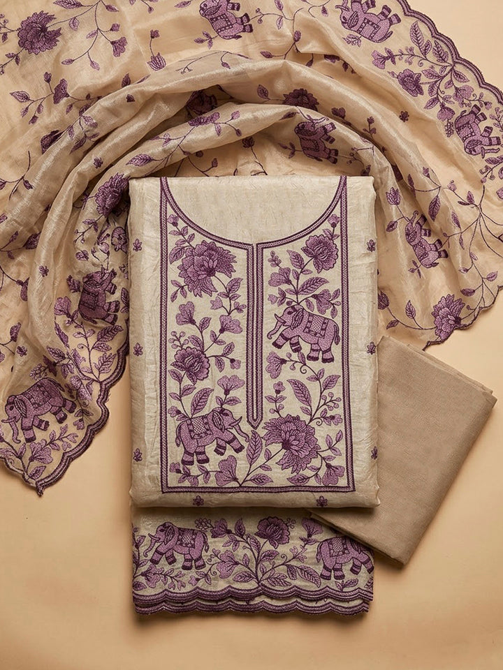 Purple Tissue Embroidered Unstitched Dress Material