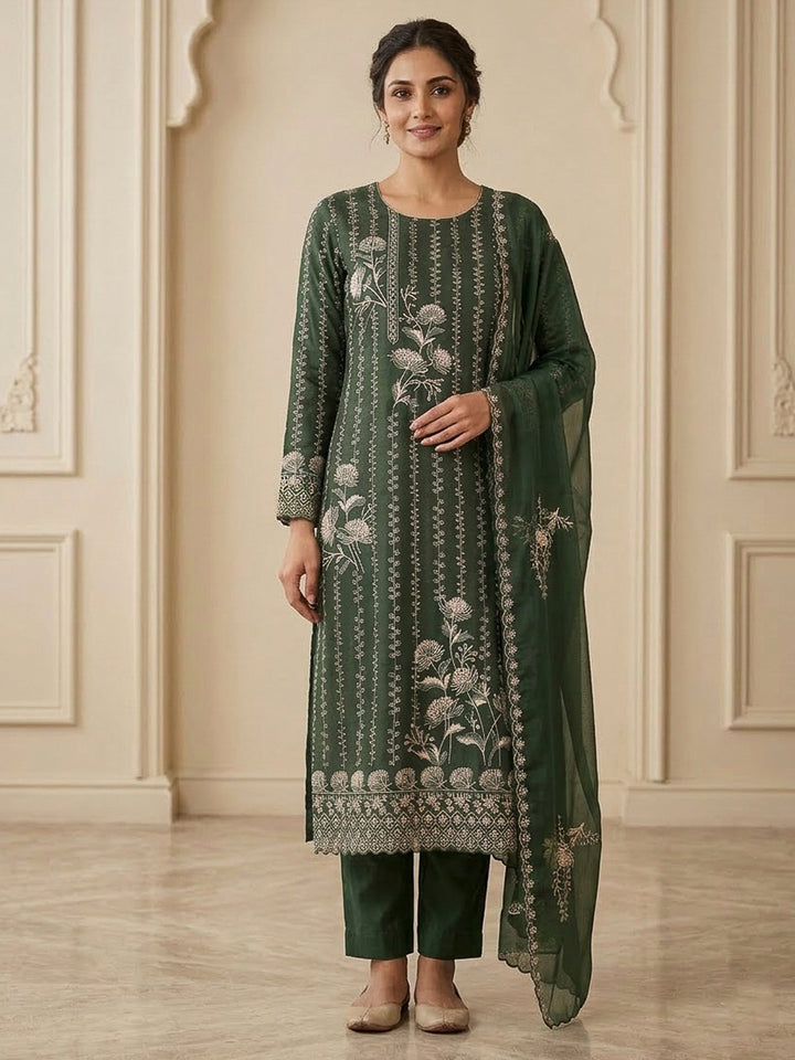 Bottle Green Organza Embroidered Unstitched Dress Material