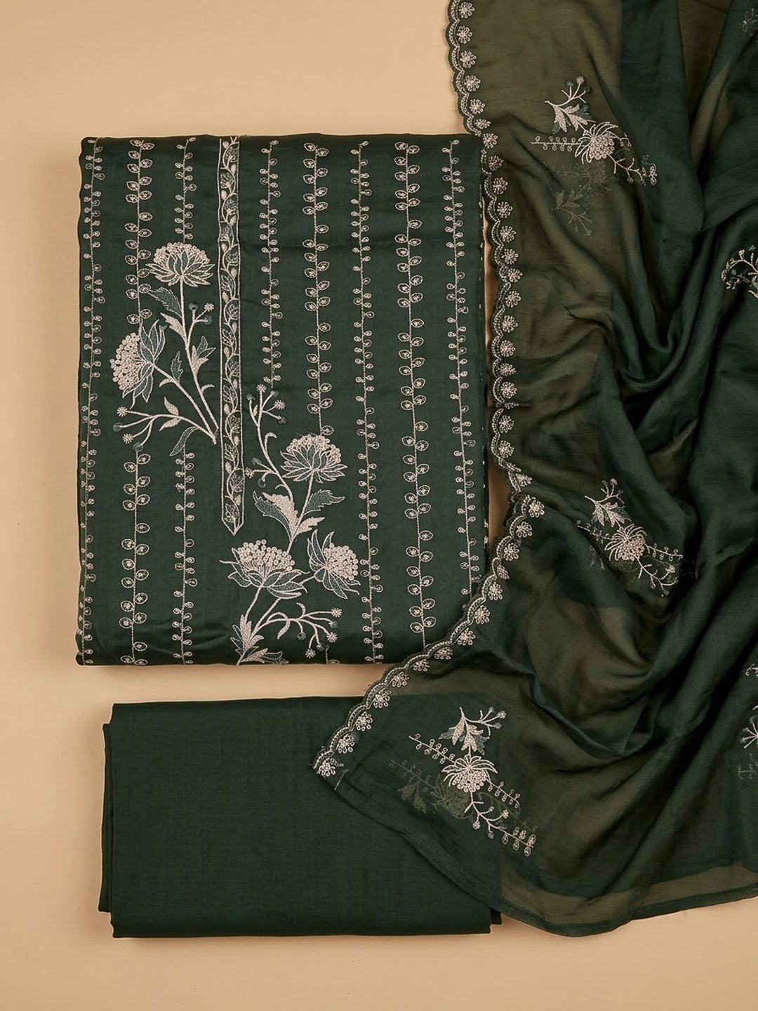 Bottle Green Organza Embroidered Unstitched Dress Material