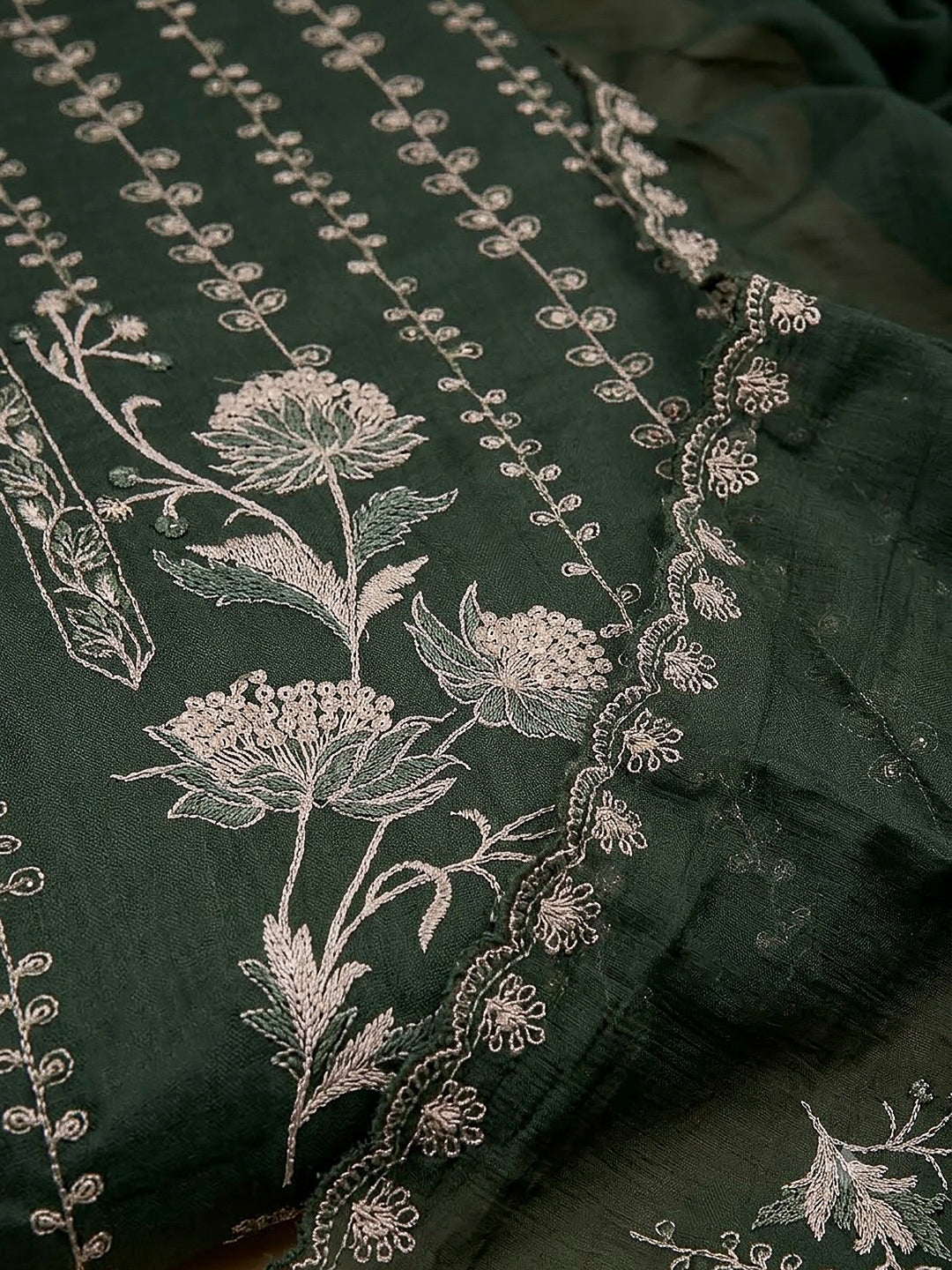 Bottle Green Organza Embroidered Unstitched Dress Material