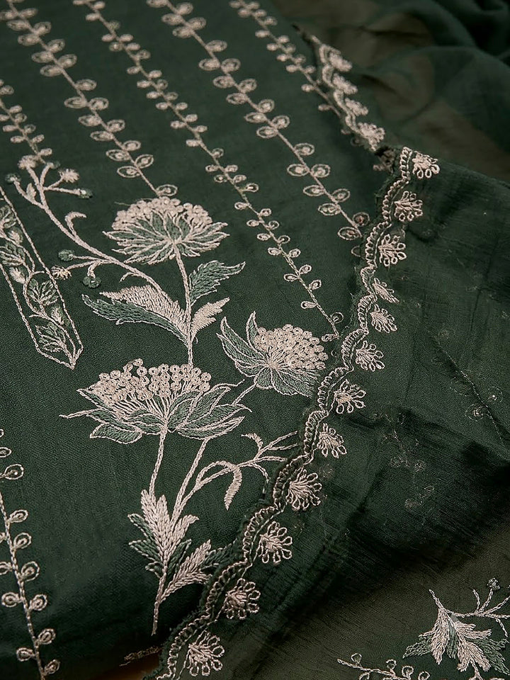 Bottle Green Organza Embroidered Unstitched Dress Material