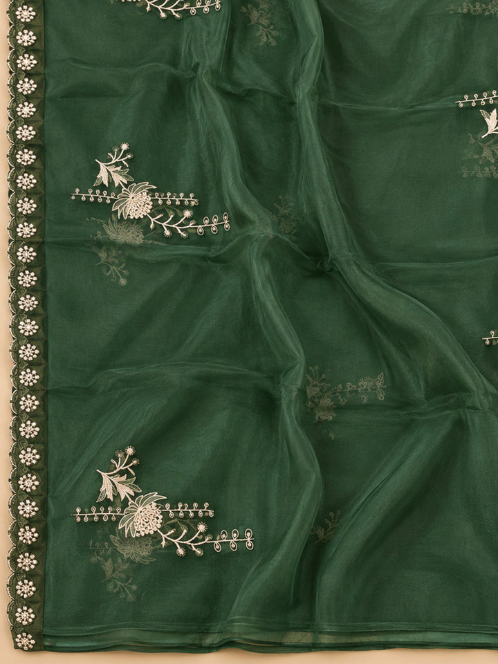 Bottle Green Organza Embroidered Unstitched Dress Material