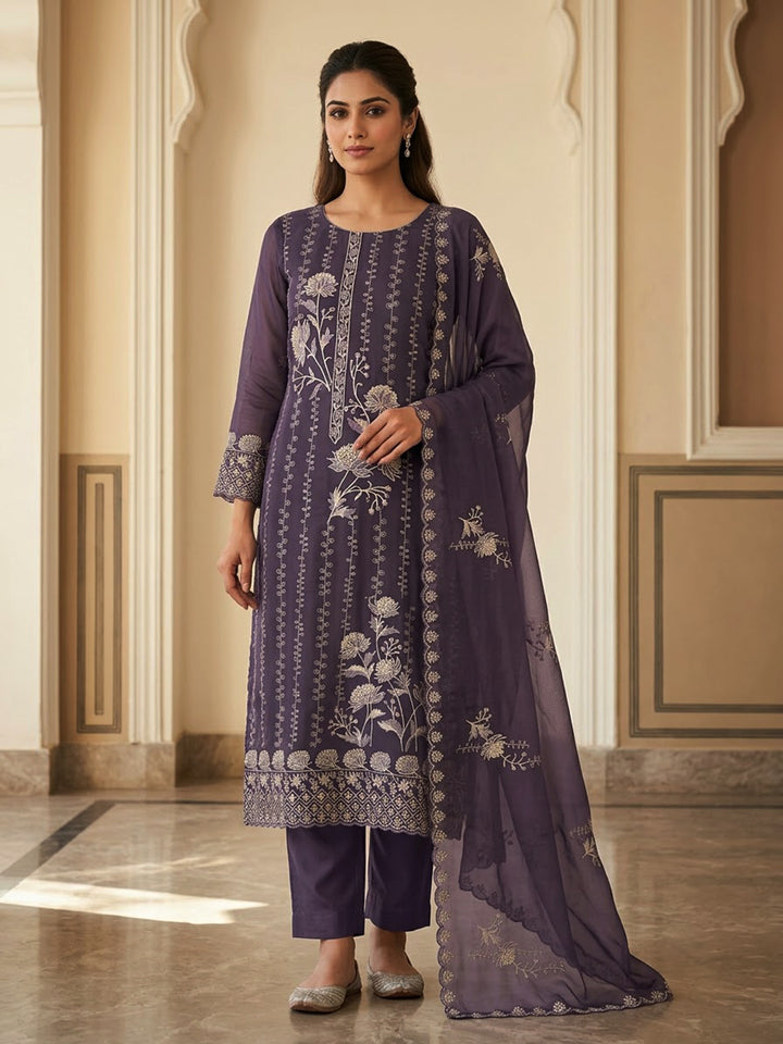 Purple Organza Embroidered Unstitched Dress Material