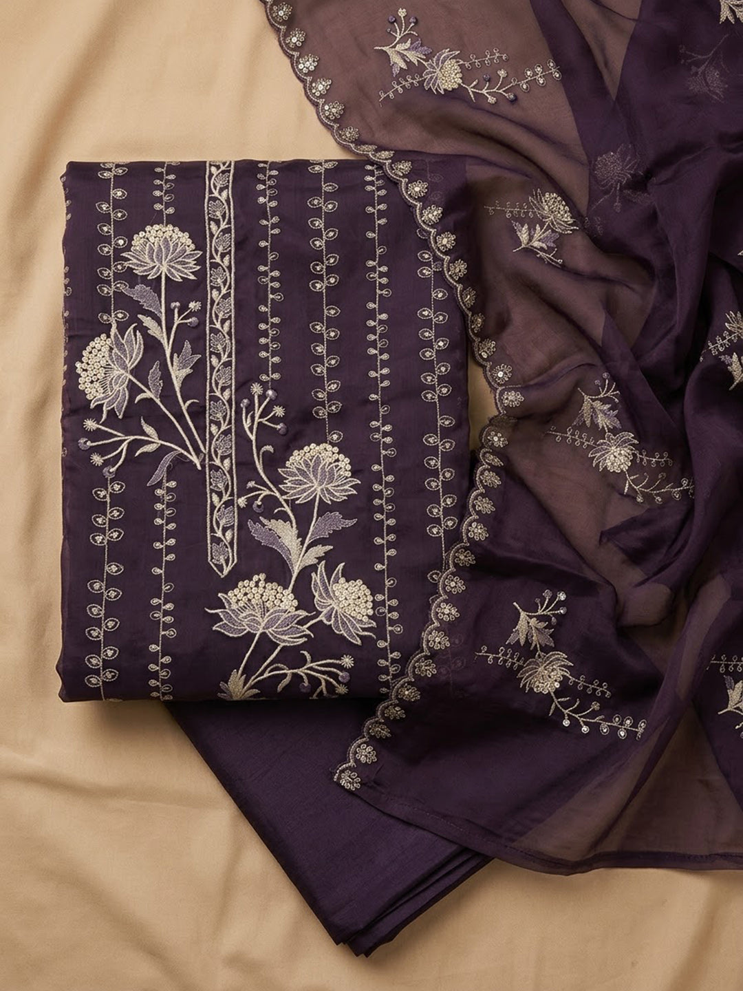 Purple Organza Embroidered Unstitched Dress Material