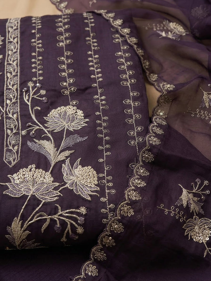 Purple Organza Embroidered Unstitched Dress Material
