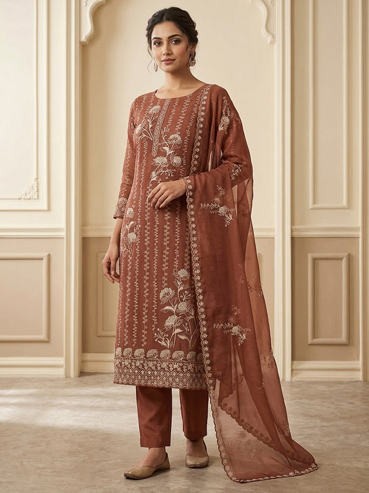 Rust Organza Embroidered Unstitched Dress Material