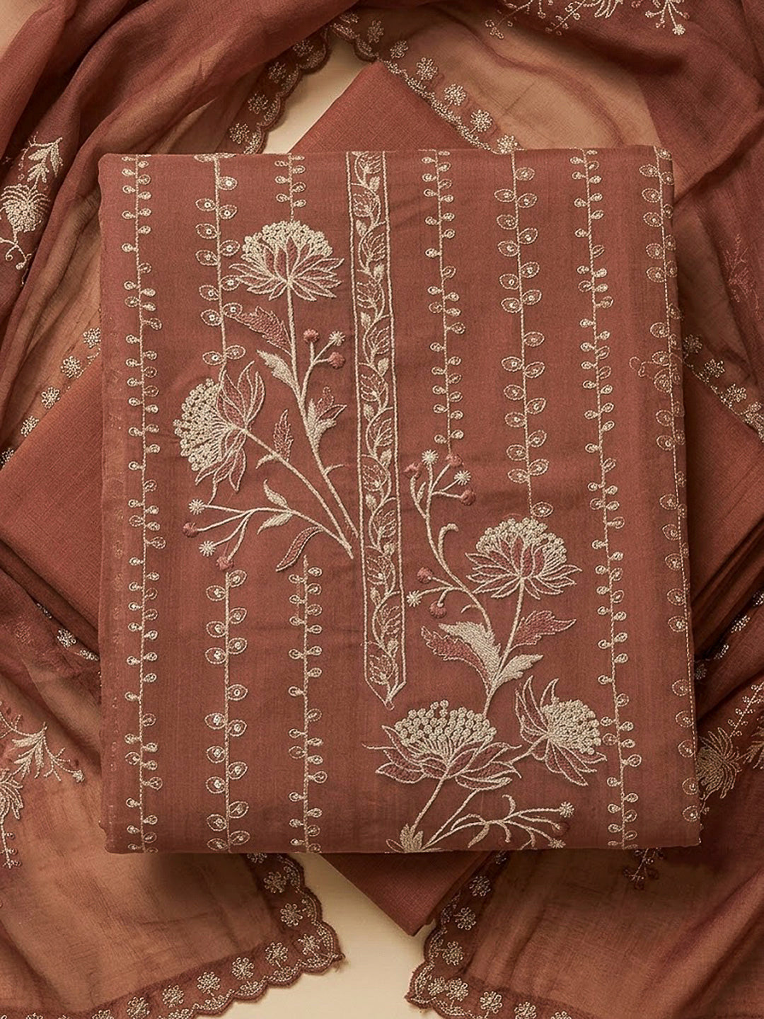Rust Organza Embroidered Unstitched Dress Material
