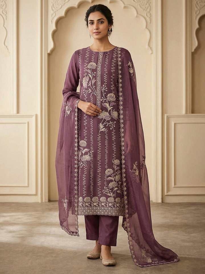 Wine Organza Embroidered Unstitched Dress Material