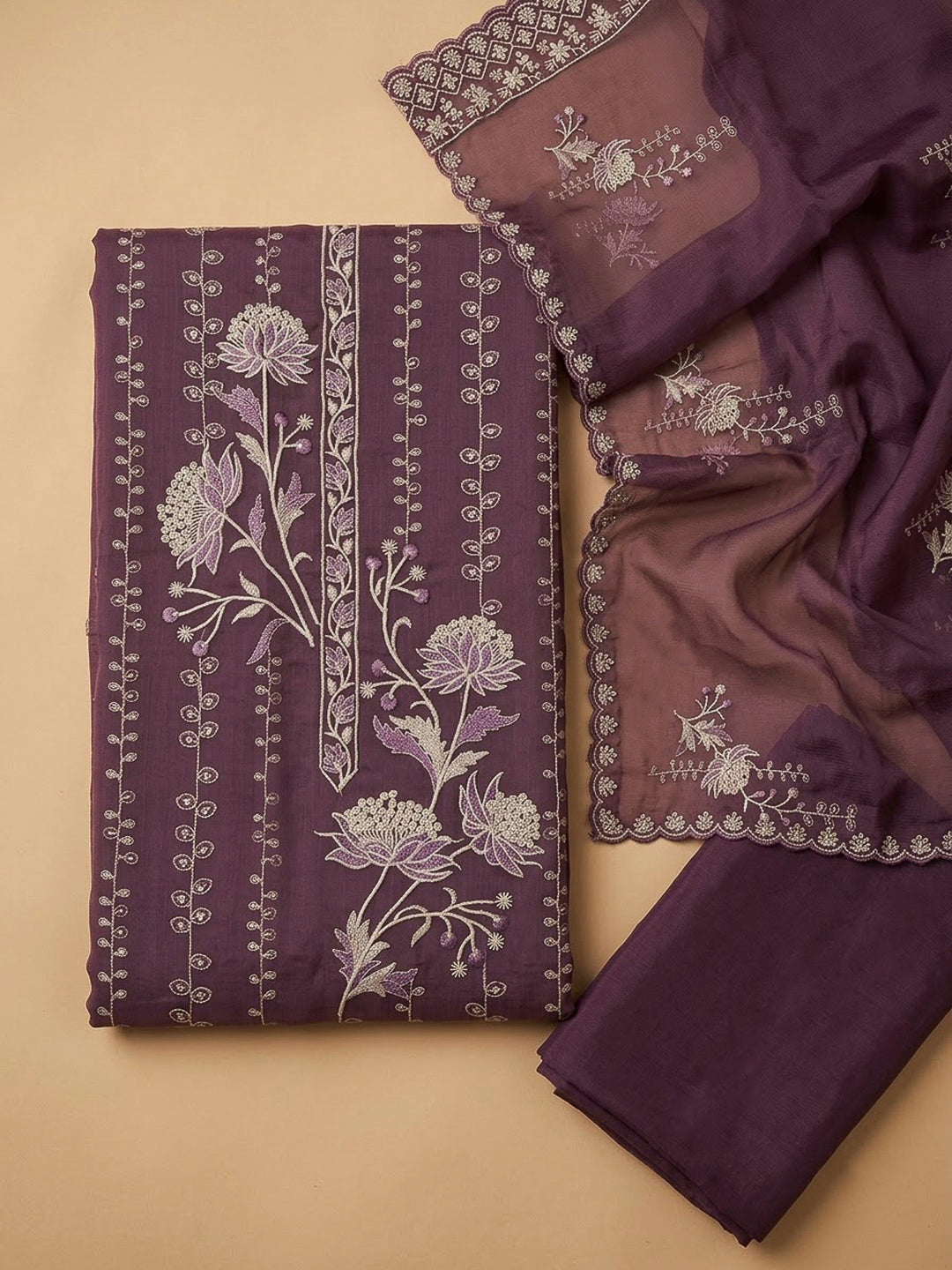 Wine Organza Embroidered Unstitched Dress Material
