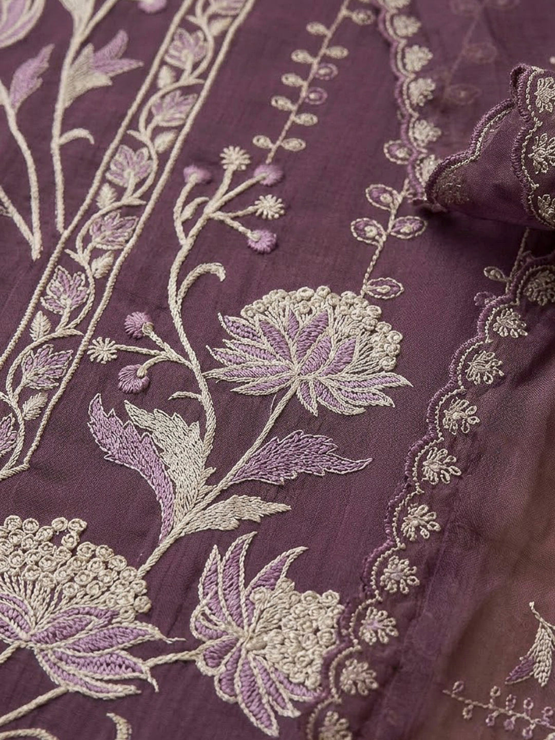Wine Organza Embroidered Unstitched Dress Material