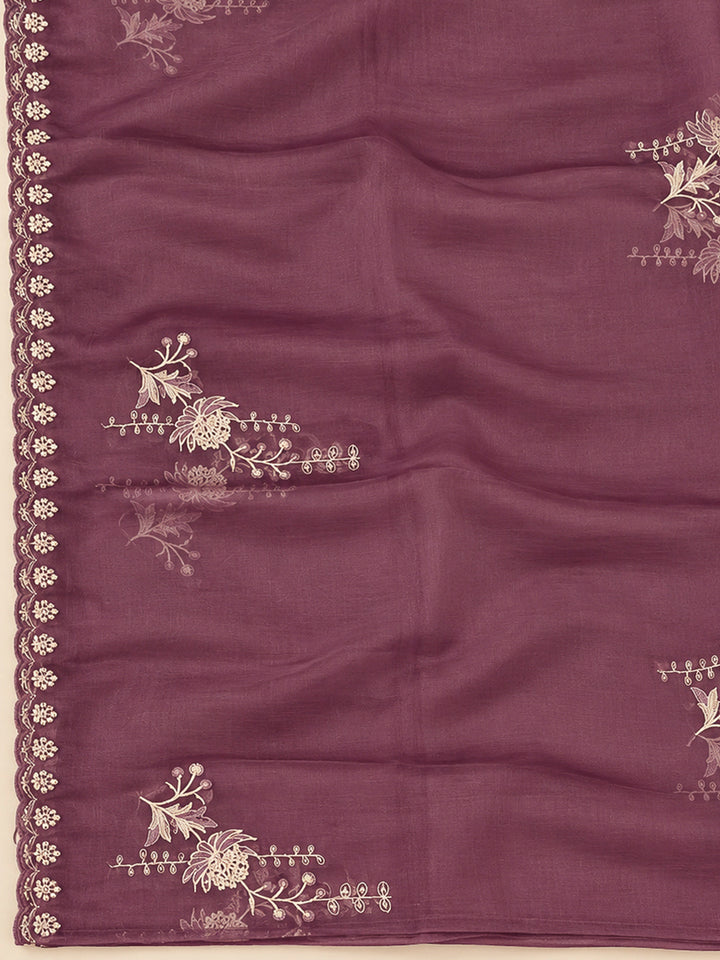 Wine Organza Embroidered Unstitched Dress Material