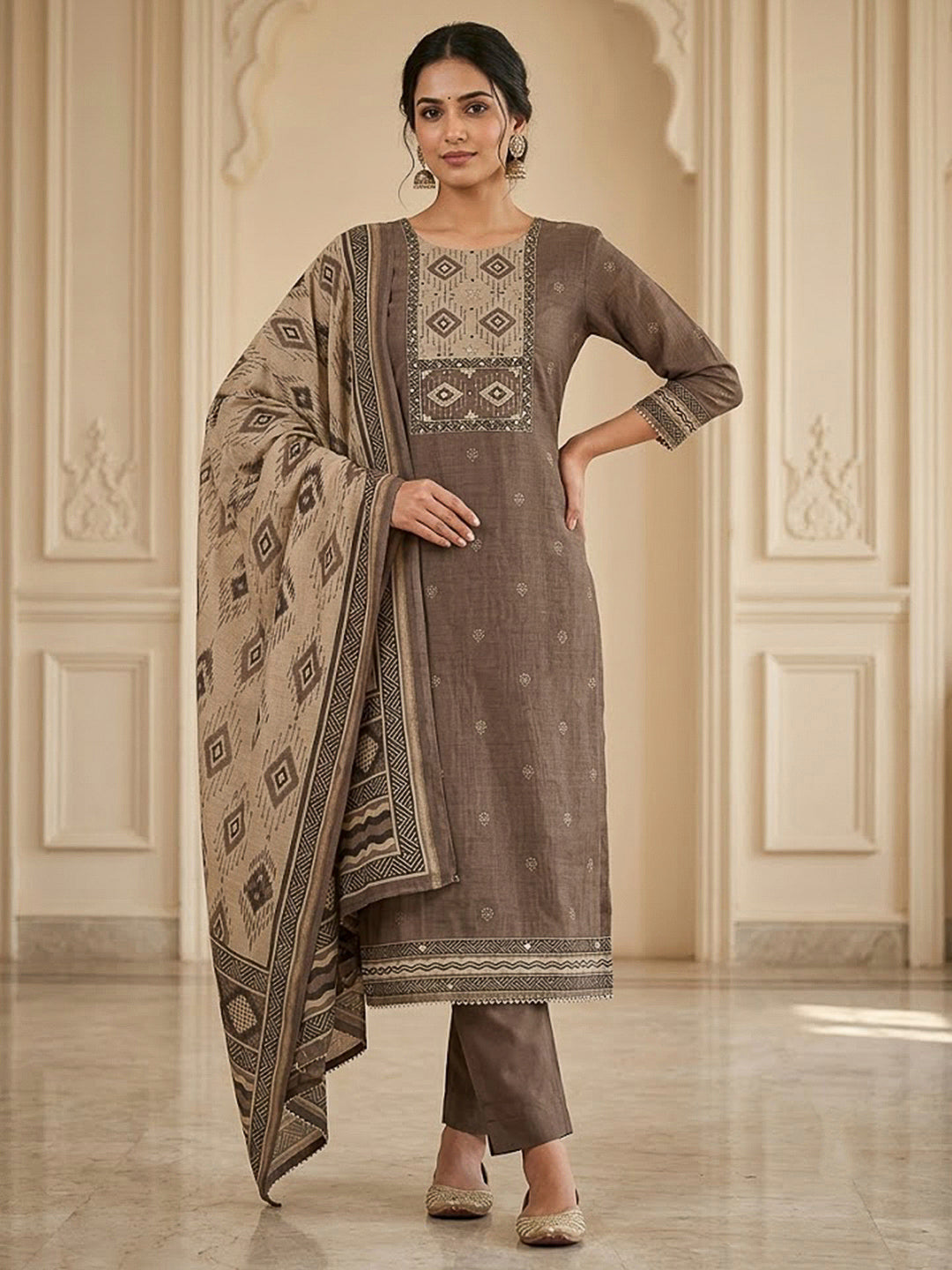 Mouse Chanderi Embroidered Unstitched Dress Material