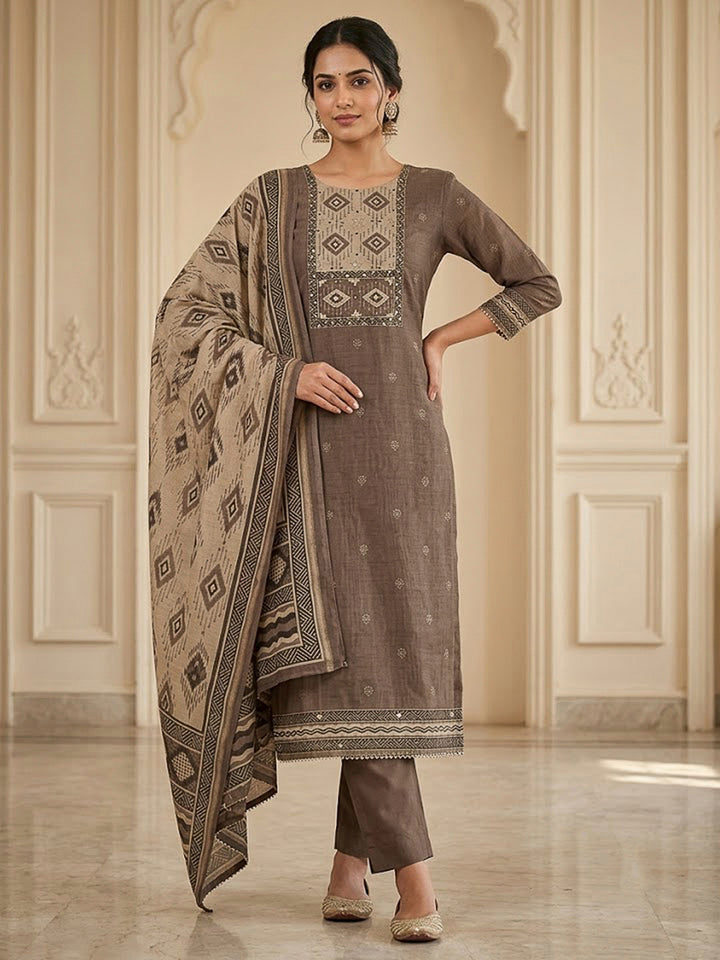 Mouse Chanderi Embroidered Unstitched Dress Material