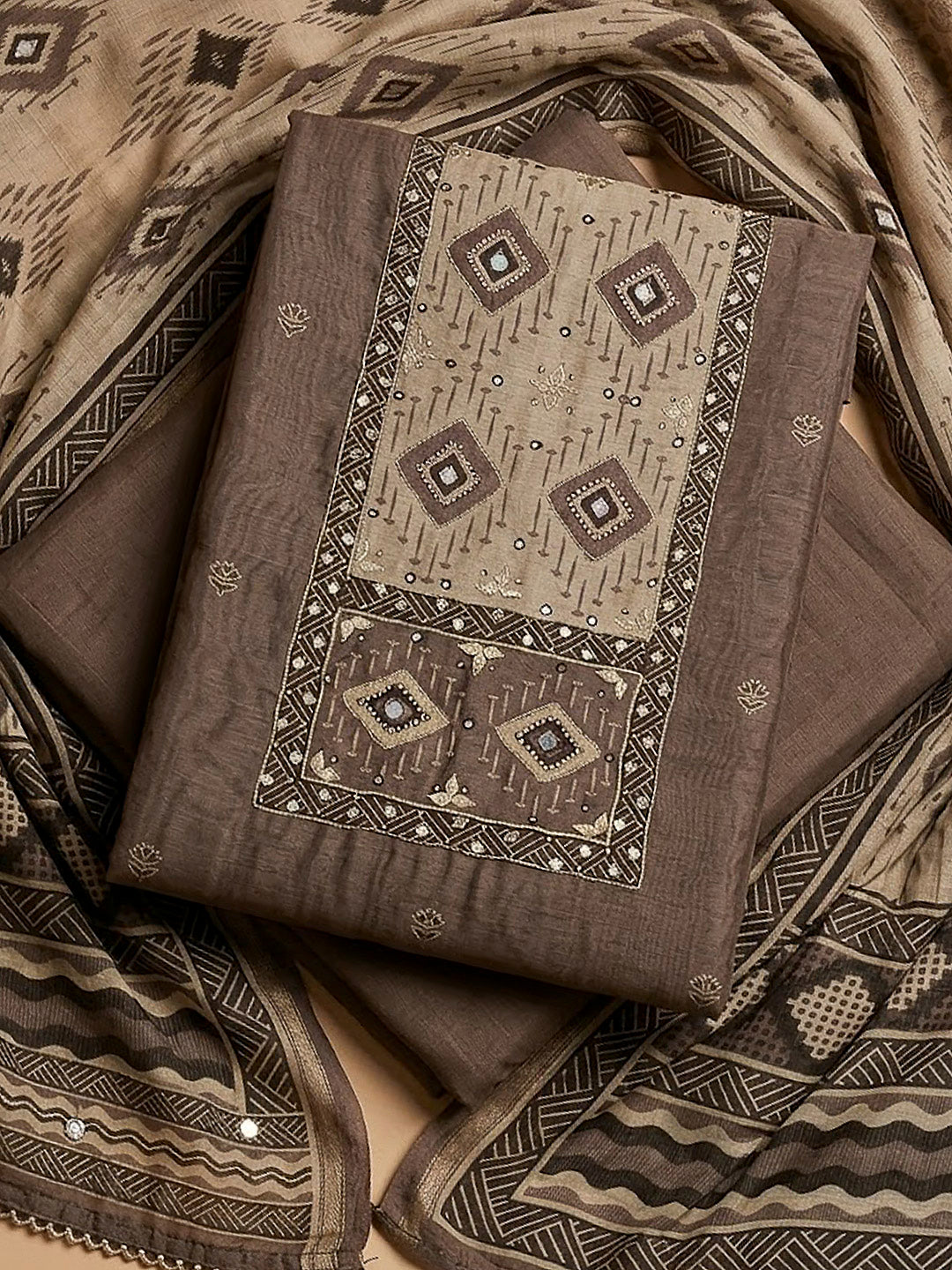 Mouse Chanderi Embroidered Unstitched Dress Material