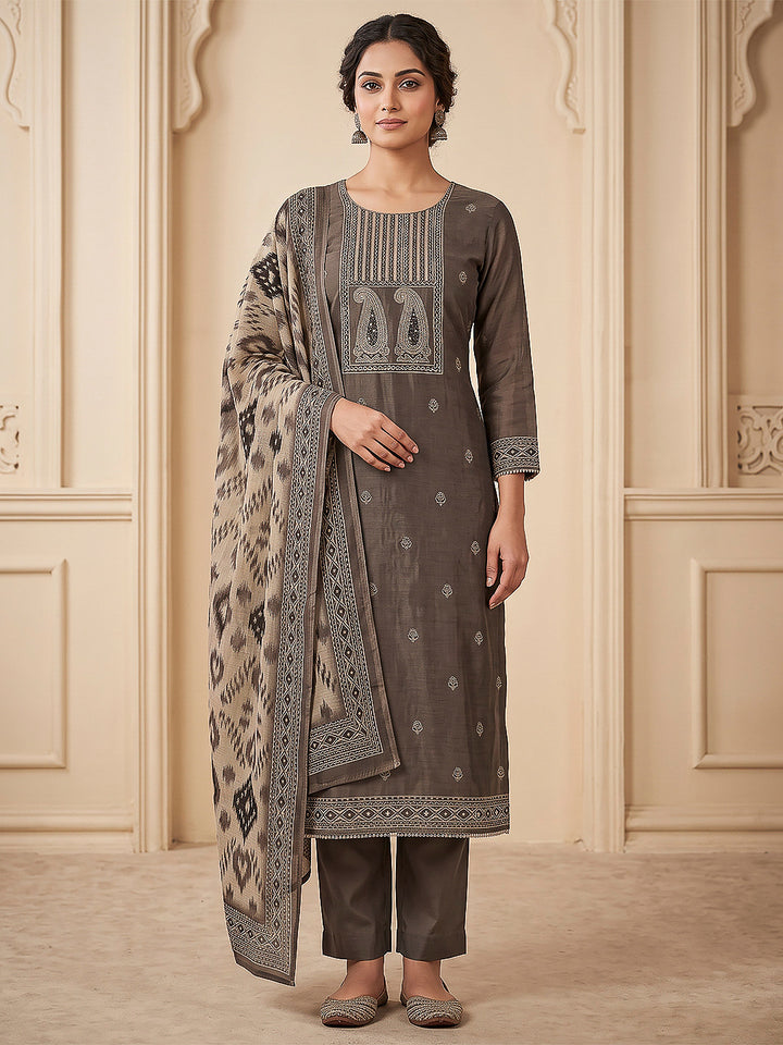 Mouse Chanderi Embroidered Unstitched Dress Material