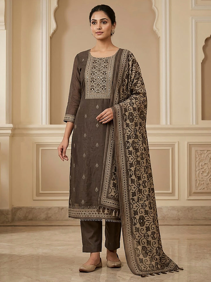 Mouse Chanderi Embroidered Unstitched Dress Material