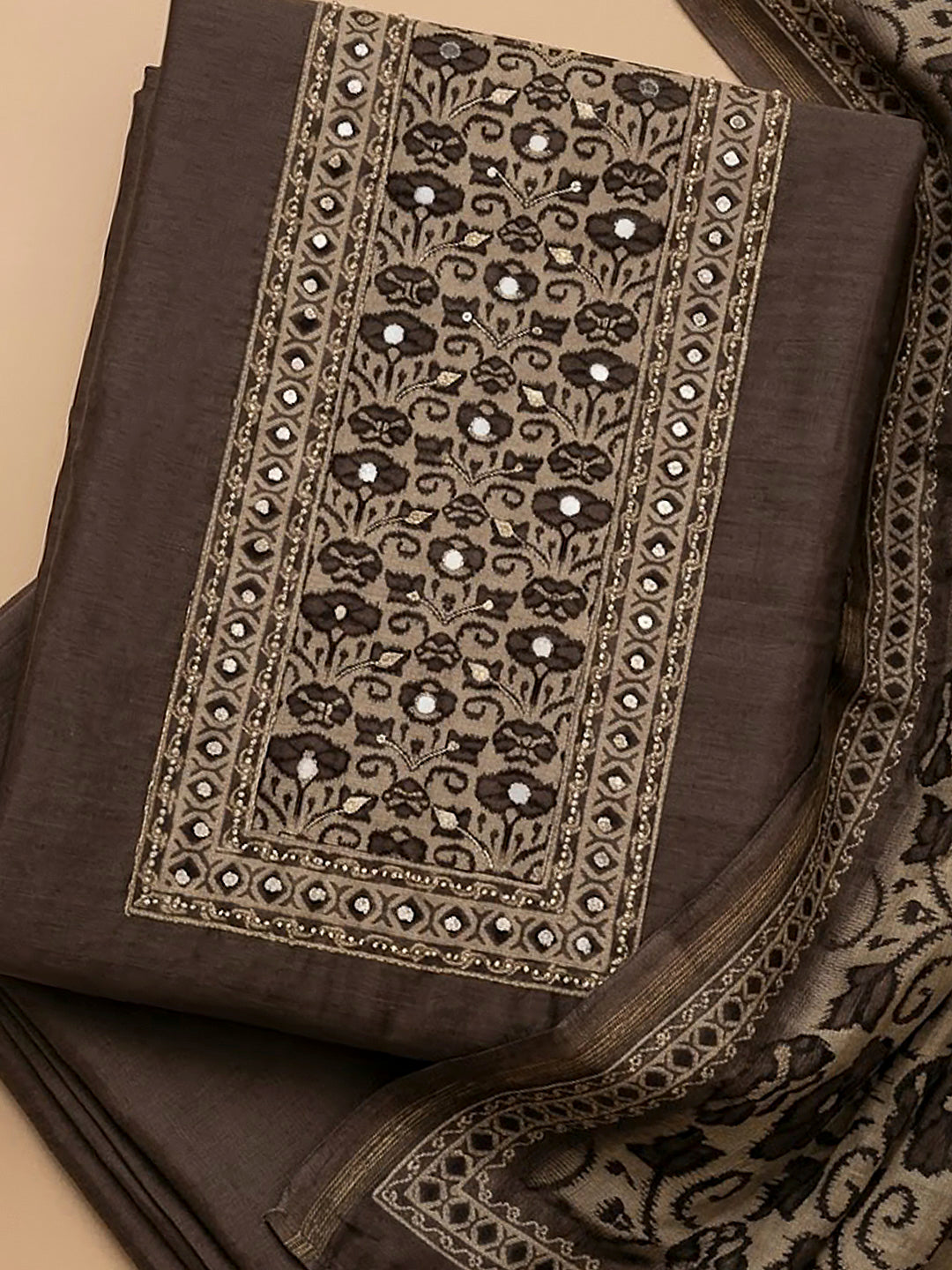 Mouse Chanderi Embroidered Unstitched Dress Material