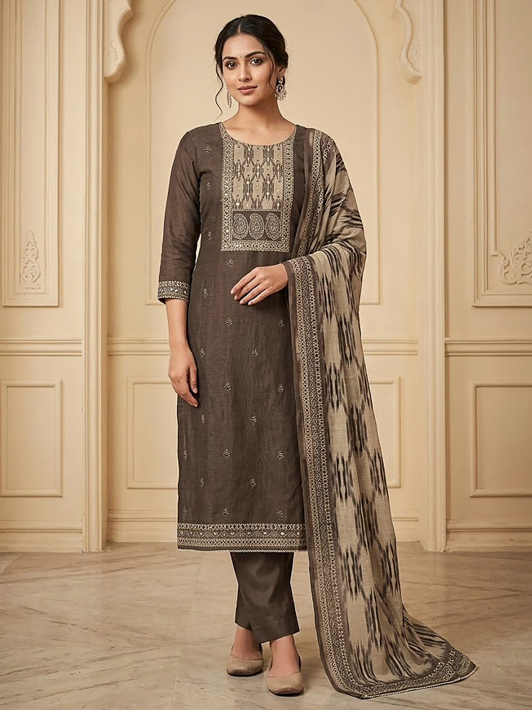 Mouse Chanderi Embroidered Unstitched Dress Material