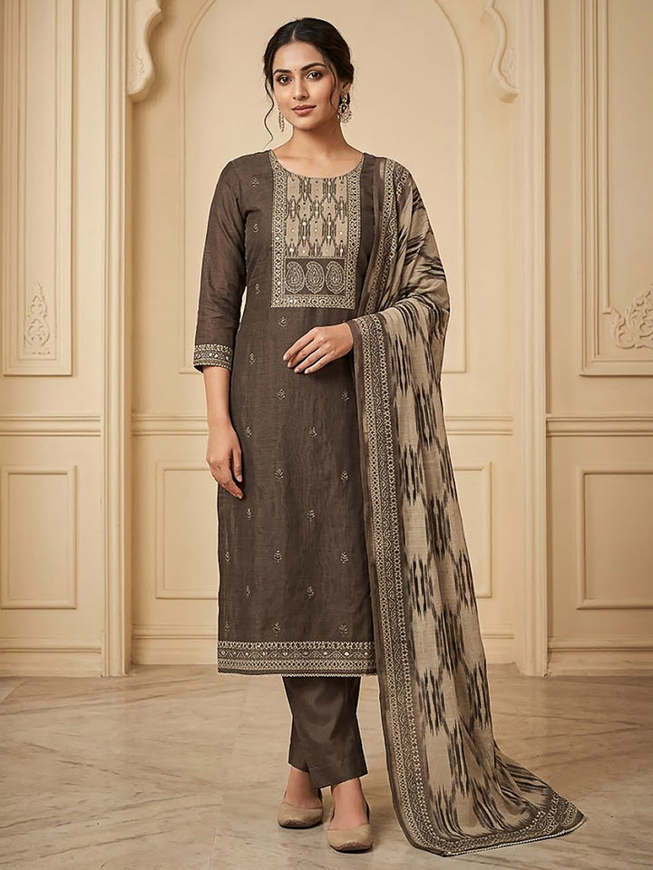 Mouse Chanderi Embroidered Unstitched Dress Material