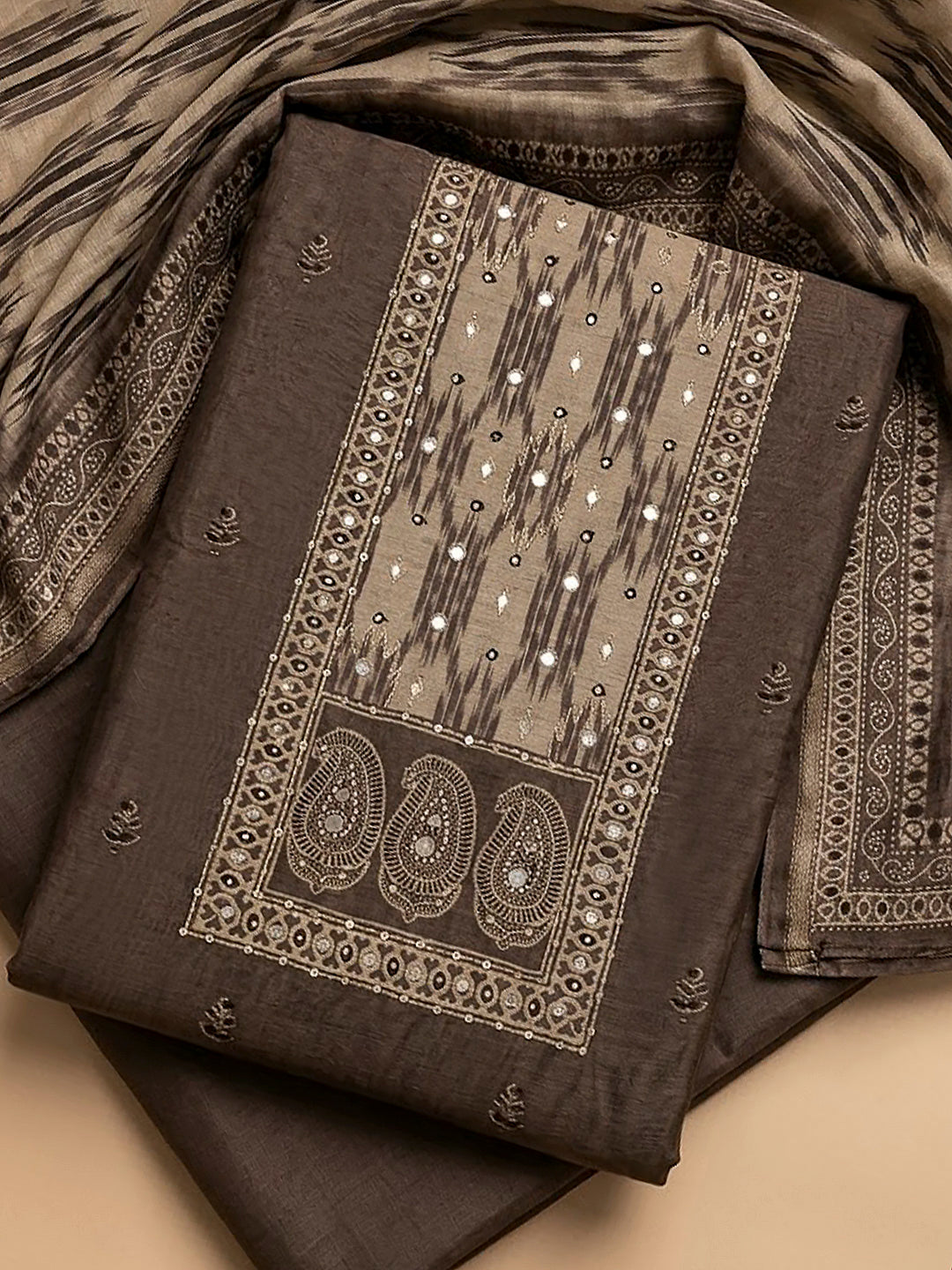Mouse Chanderi Embroidered Unstitched Dress Material