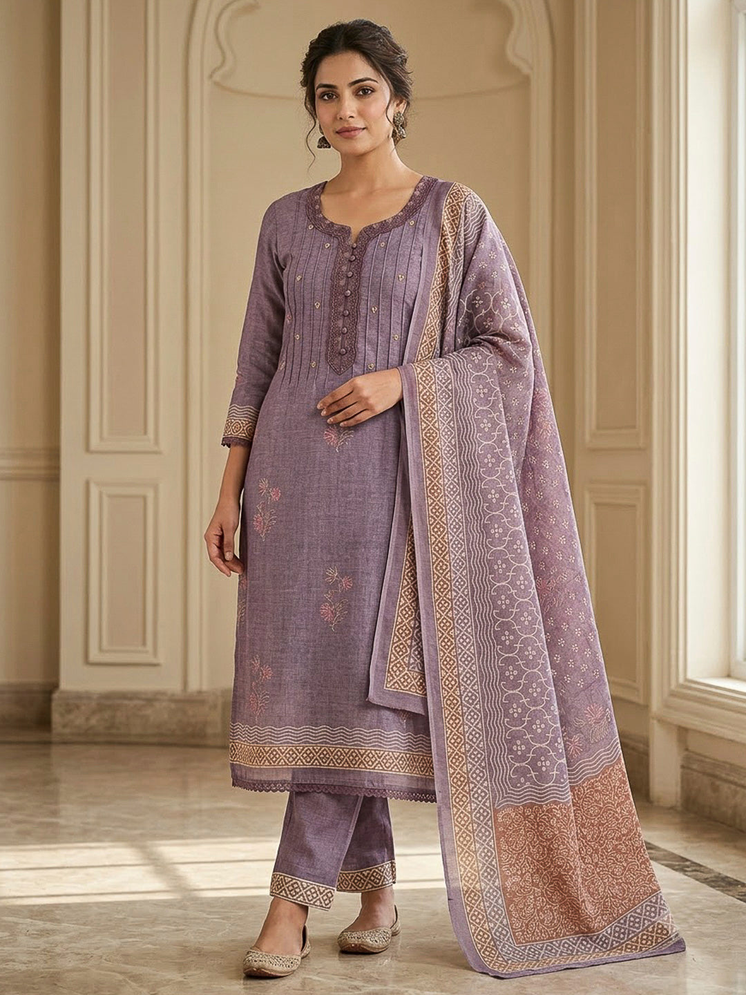 Lavender Chanderi Embroidered Unstitched Dress Material
