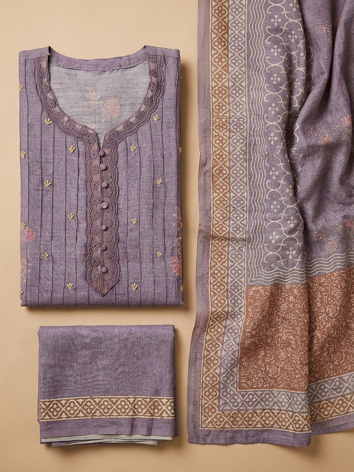 Lavender Chanderi Embroidered Unstitched Dress Material
