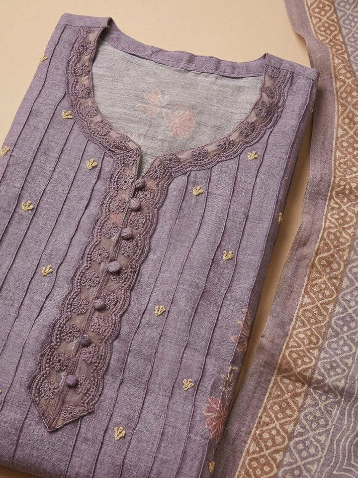 Lavender Chanderi Embroidered Unstitched Dress Material