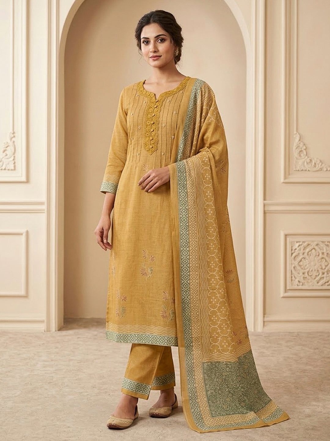 Mustard Chanderi Embroidered Unstitched Dress Material