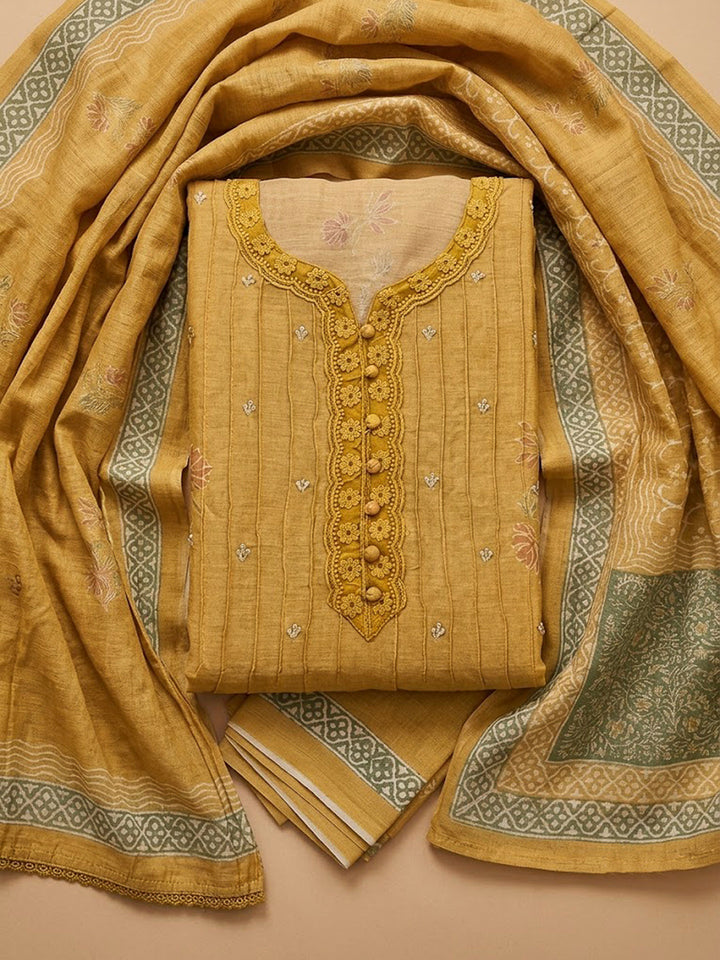 Mustard Chanderi Embroidered Unstitched Dress Material