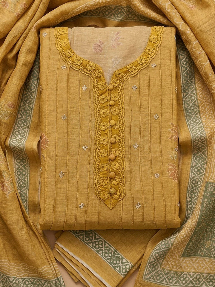 Mustard Chanderi Embroidered Unstitched Dress Material