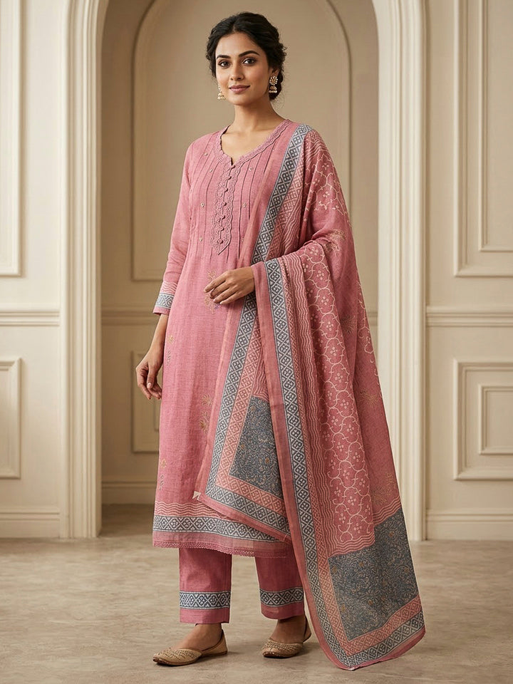 Peach Chanderi Embroidered Unstitched Dress Material
