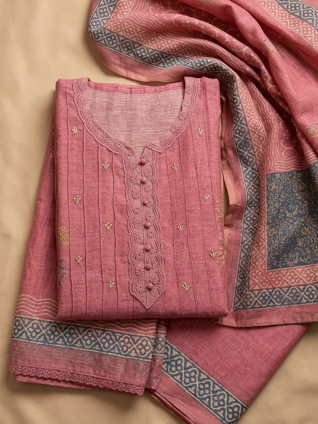 Peach Chanderi Embroidered Unstitched Dress Material