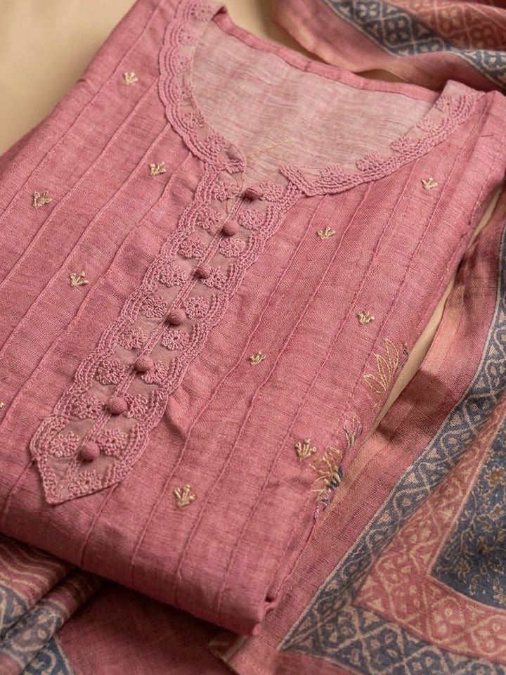 Peach Chanderi Embroidered Unstitched Dress Material
