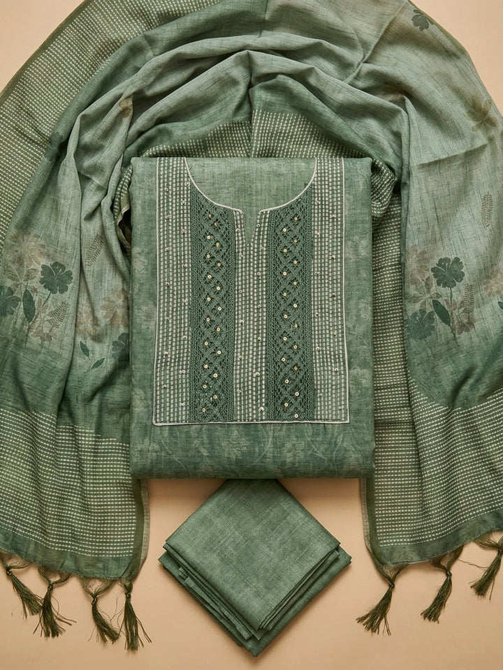 Aqua Green Chanderi Embroidered Unstitched Dress Material