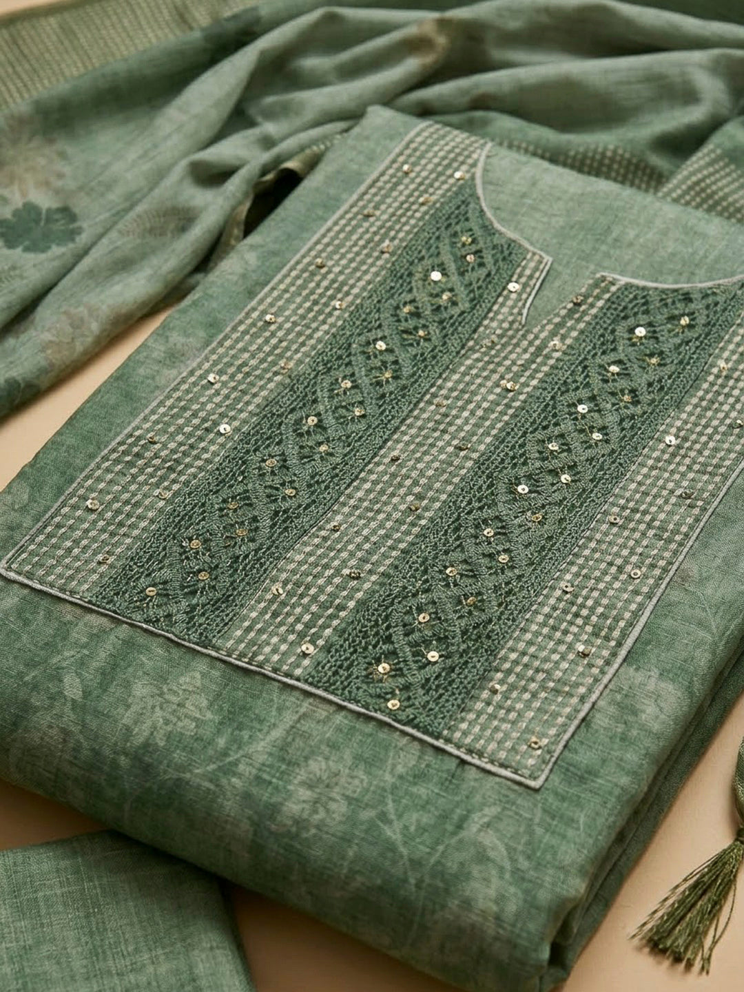 Aqua Green Chanderi Embroidered Unstitched Dress Material
