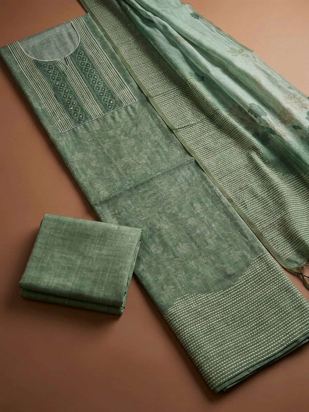 Aqua Green Chanderi Embroidered Unstitched Dress Material