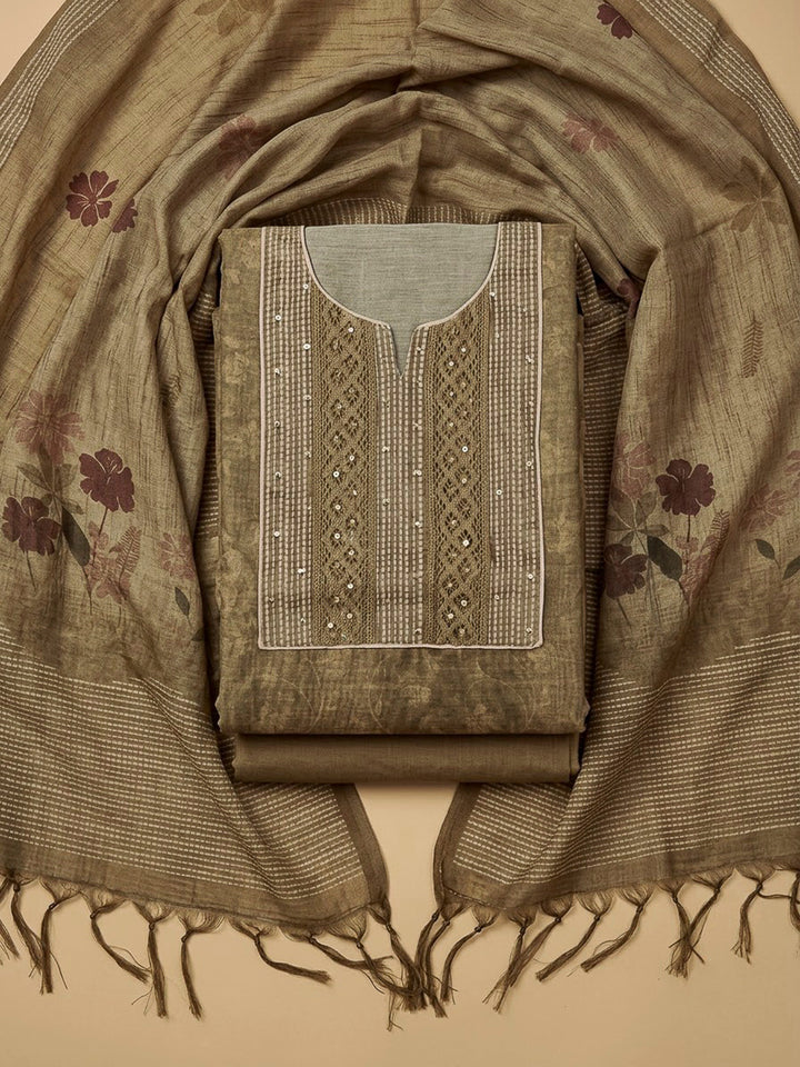 Mehndi Chanderi Embroidered Unstitched Dress Material