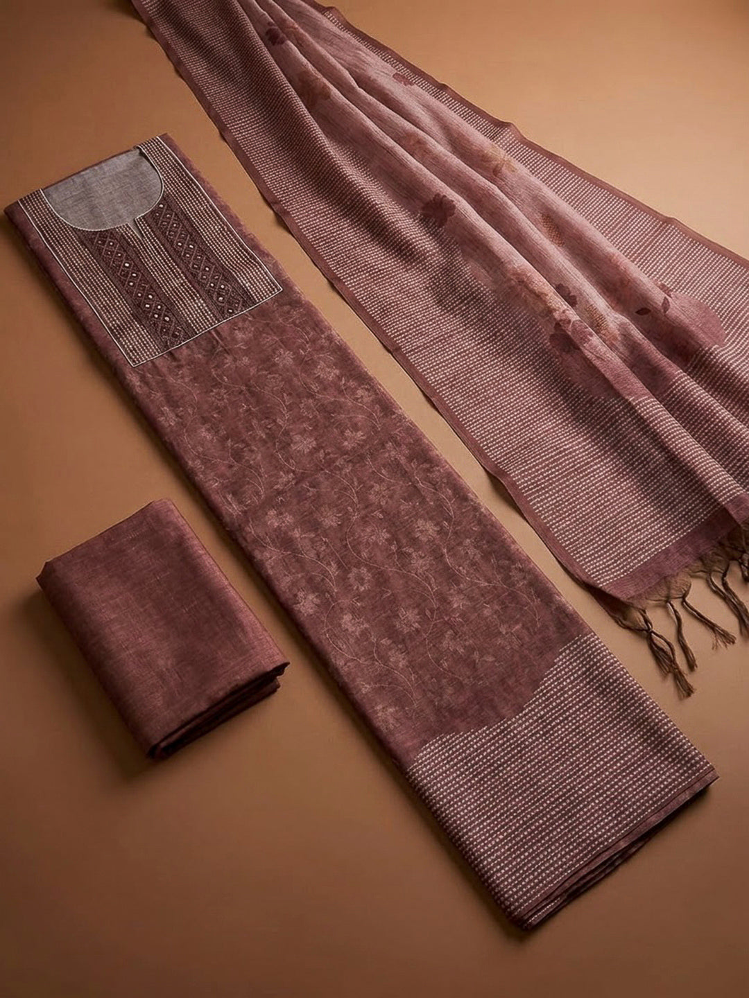 Onion Pink Chanderi Embroidered Unstitched Dress Material
