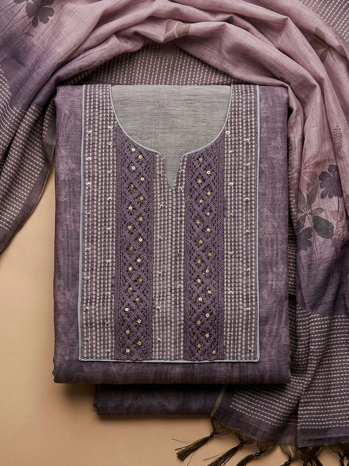 Purple Chanderi Embroidered Unstitched Dress Material
