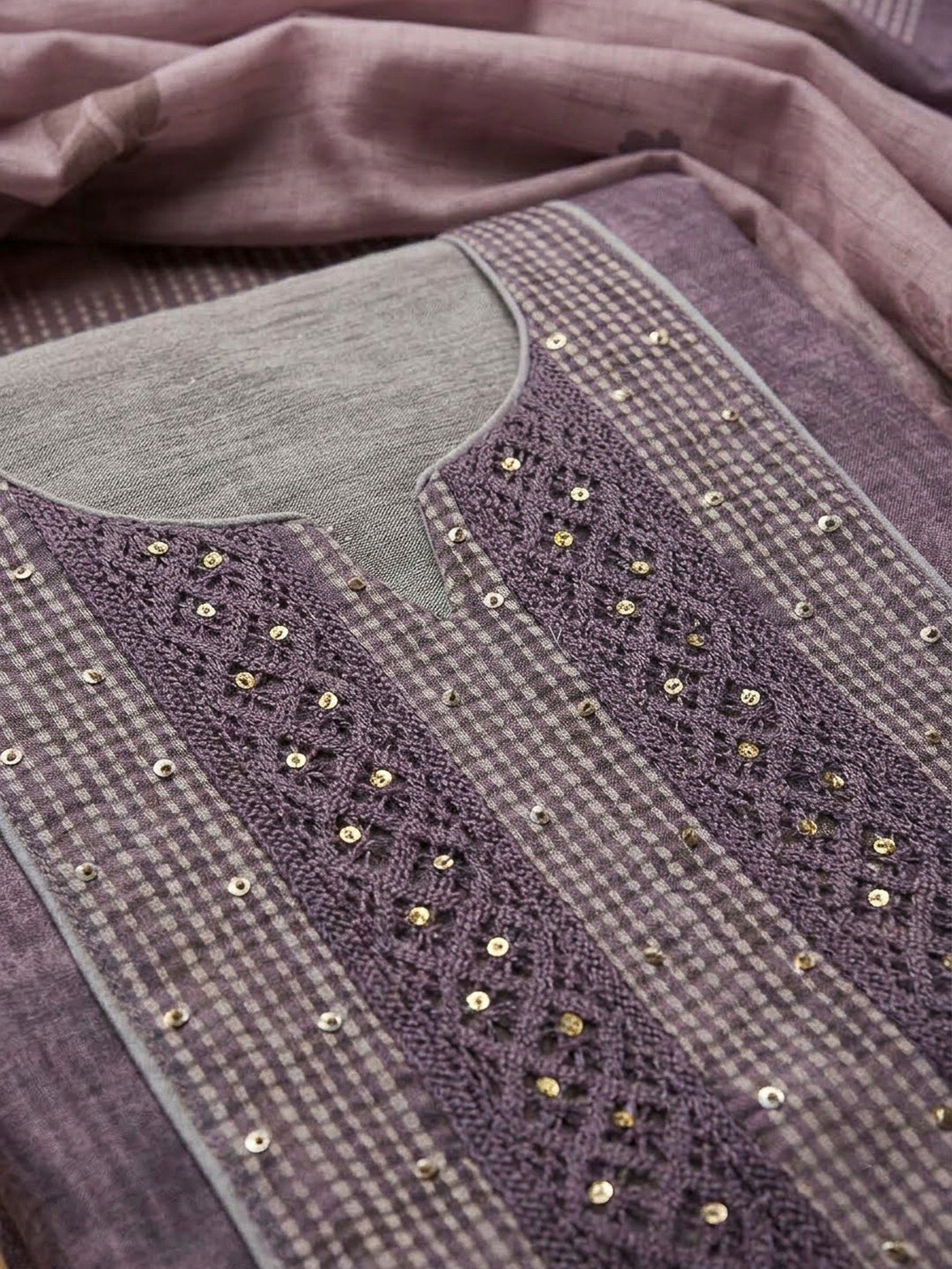 Purple Chanderi Embroidered Unstitched Dress Material